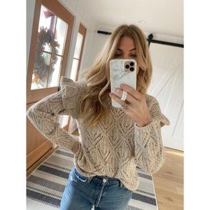 Old Navy Women’s Pointelle Ruffle-Sleeve Sweater Cream Wool Acrylic Blend Size L